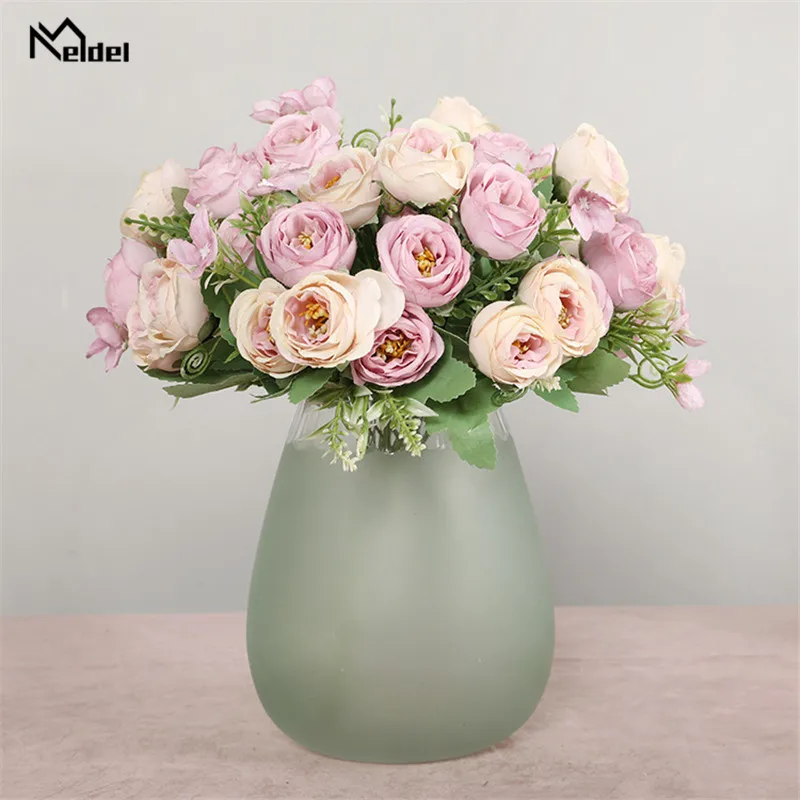 

Meldel Mini Bouquet Artificial Flower 10 Heads Silk Rose Bridesmaids Bouquet 5 Forks Fake Flower DIY Home Garden Wedding Decor