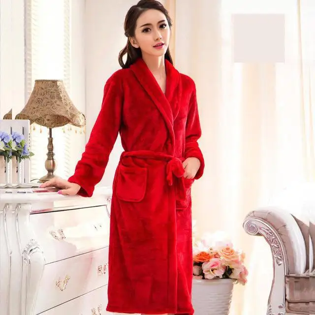 Men&women Coral Fleece Print Bow Robe Flannel Sleepwear Kimono Bathrobe Gown Winter Warm Thick Home Dressing Gown - Цвет: Women 2