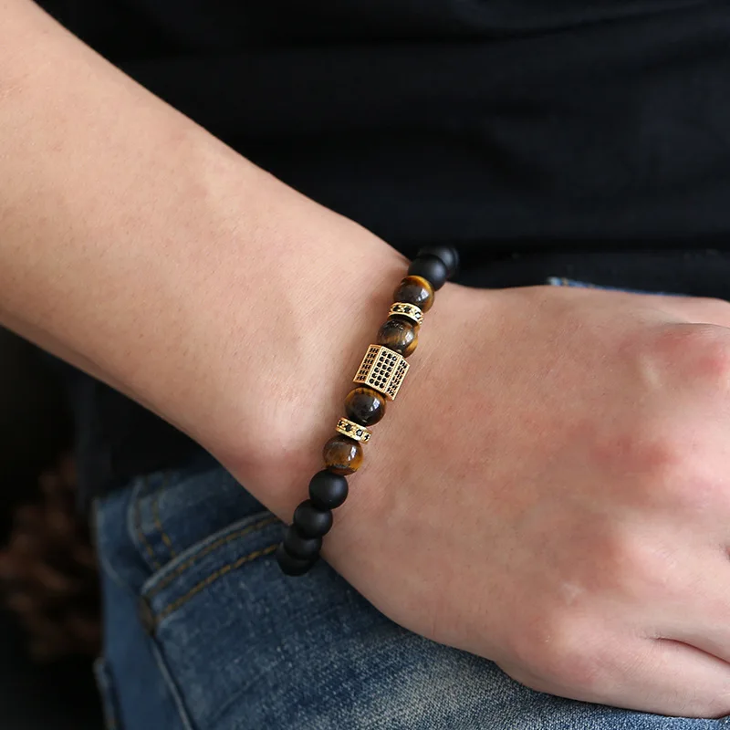 

Fashion Black Pumice Stones Bead Bracelet Bangle Glod Alloy Micro Zircon Hexagonal Column Fashion Men Jewelry Bracelets Gift