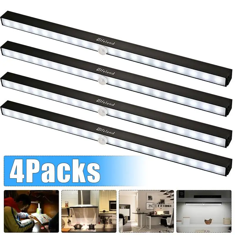 

4pcs 20LED Closet Light Under Cabinet Lightening PIR Motion Sensor Wardrobe Bar Night Light Battery powered for Cupboard Kitchen