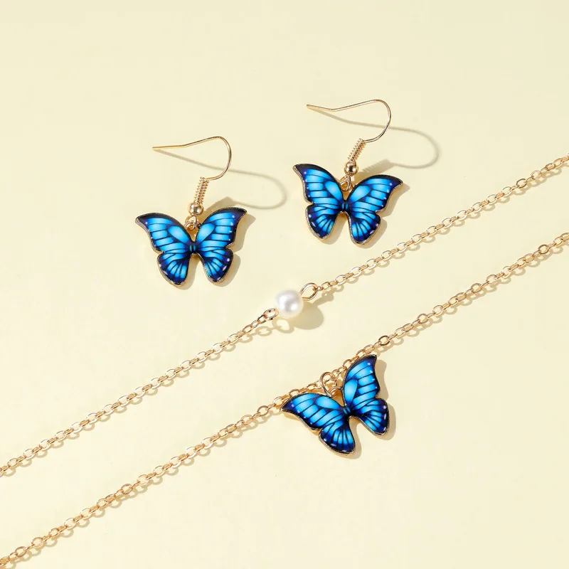 SOHOT Cute Trendy Colorful Enamel Butterfly Pendant Women Jewelry Set Romantic Double Necklace Earrings For Female Birthday Gift | Украшения