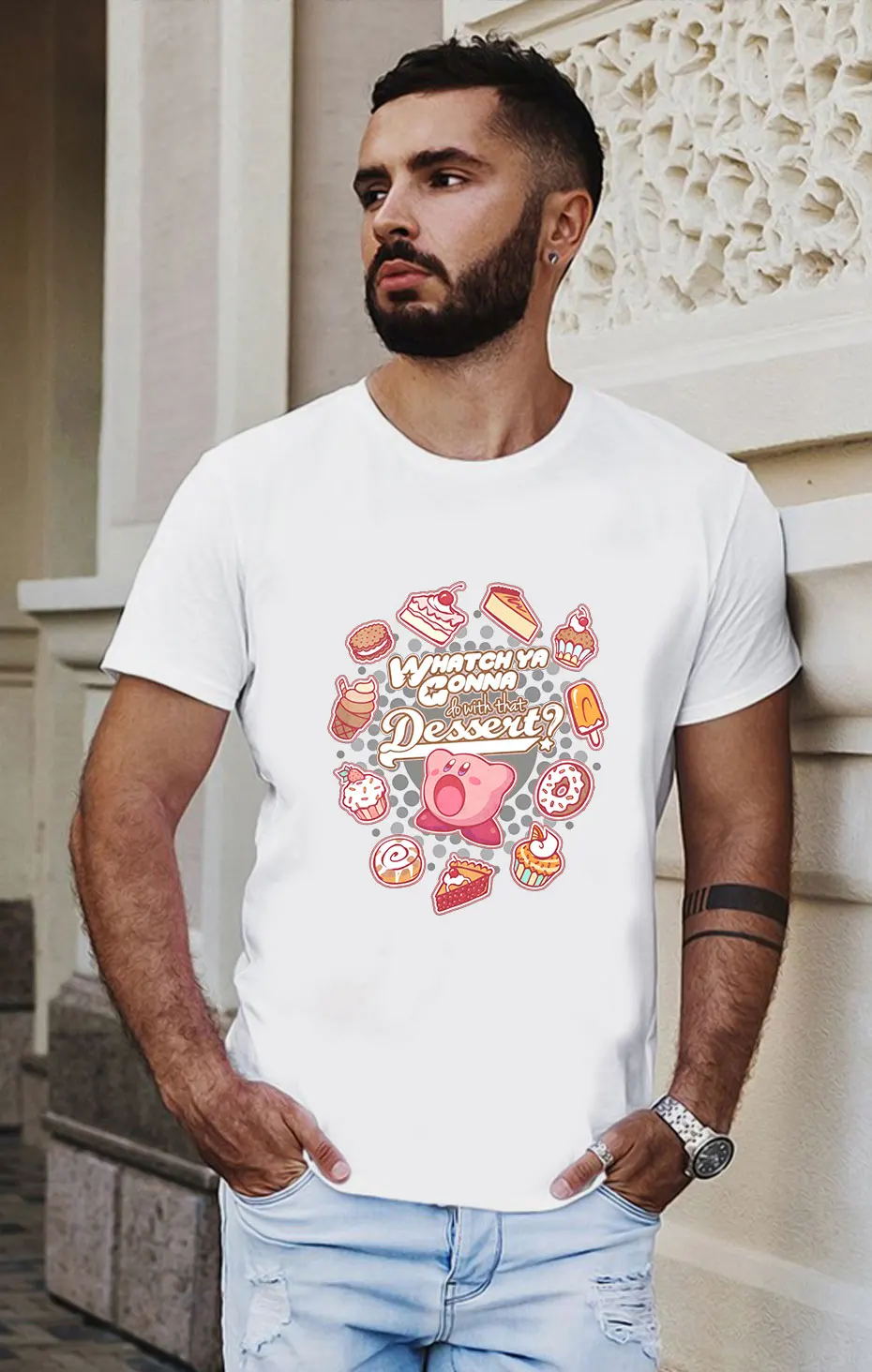 Футболка унисекс Kirby Whatch будет делать с десертом качество хлопка с круглым воротником для отдыха мультфильм дизайн La Camiseta