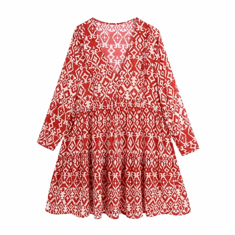 

Hot Sale Women Geometric Print V Neck Red Mini Dress Female Nine Quarter Sleeve Clothes Casual Lady Loose Vestido D8208