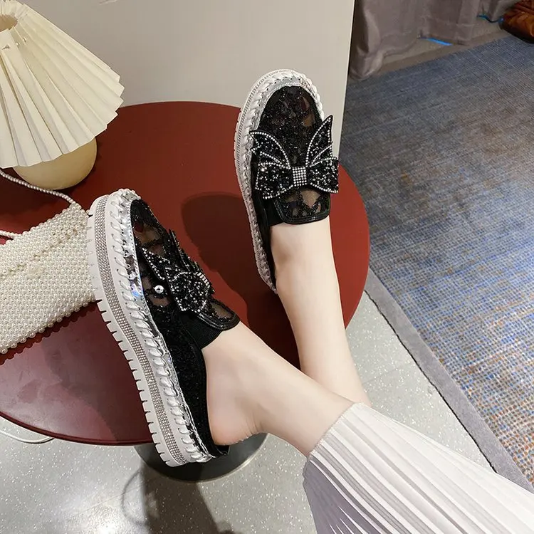 

Rhinestone Women Flats Leather Loafers Spring Shoes Woman Crystal Sequins Bow-knot Platform Mesh Slides Moccasins Women