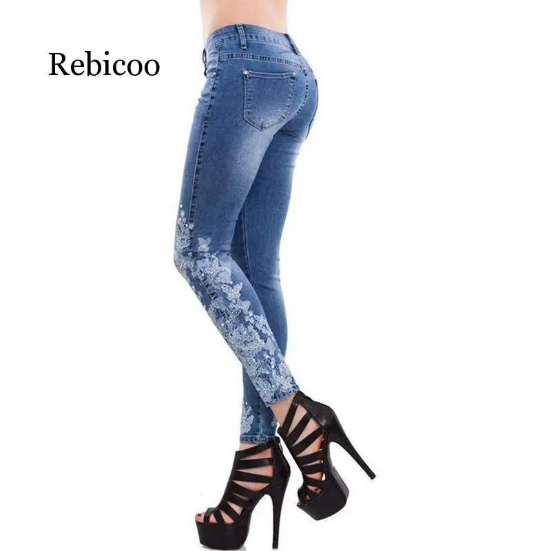 

Plus Size 5XL Women Stretch High Waist Skinny Embroidery Jeans Ripped Woman Floral Denim Pants Trousers Women Jeans Pencil Pants