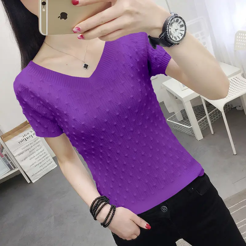 

Ice silk short sleeve T-shirt women's spring and summer 2021 new v-neck slim slim bottoming shirt top women's thin interior