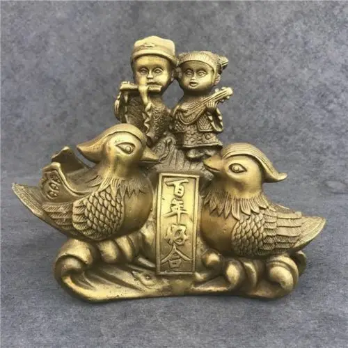 

Exquisite Chinese Old handmade-brass-Mandarin-Duck-boy-amp-girl-statue