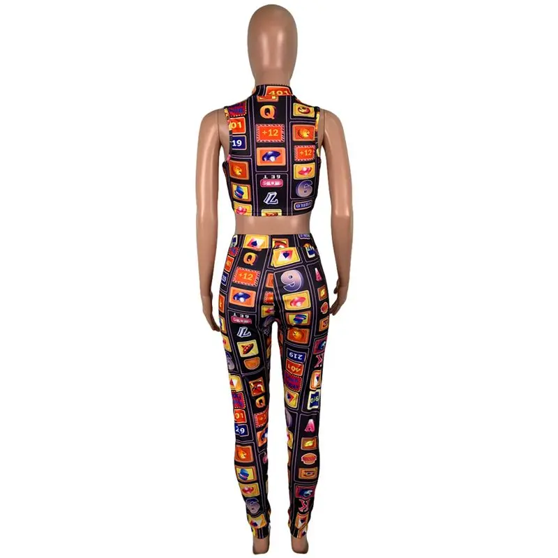 

ZKYZWX Sexy Aesthetic Print 2 Piece Tracksuits Women Set Zip Sleeveless Tank Tops Fashion Pencil Pants Lounge Wear Matching Sets