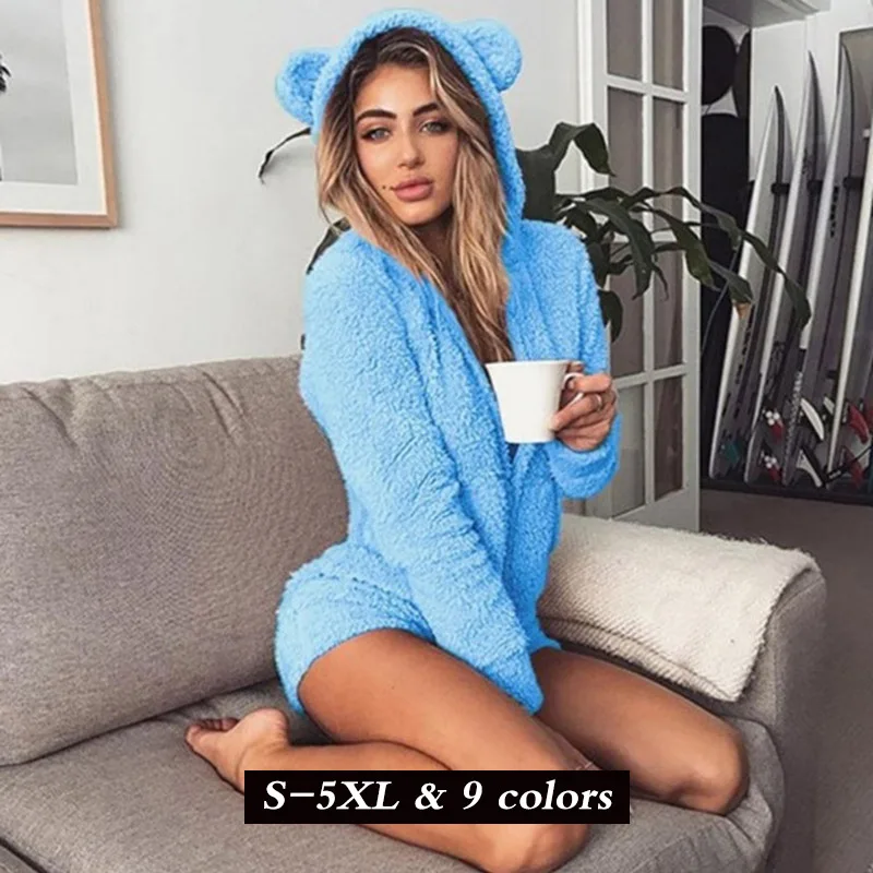 

Rompers Womens Jumpsuit Autumn Winter Women Warm Coral Fleece Velvet Playsuit Kawaii Cute Bear Hooded Bodysuit Home Clothes