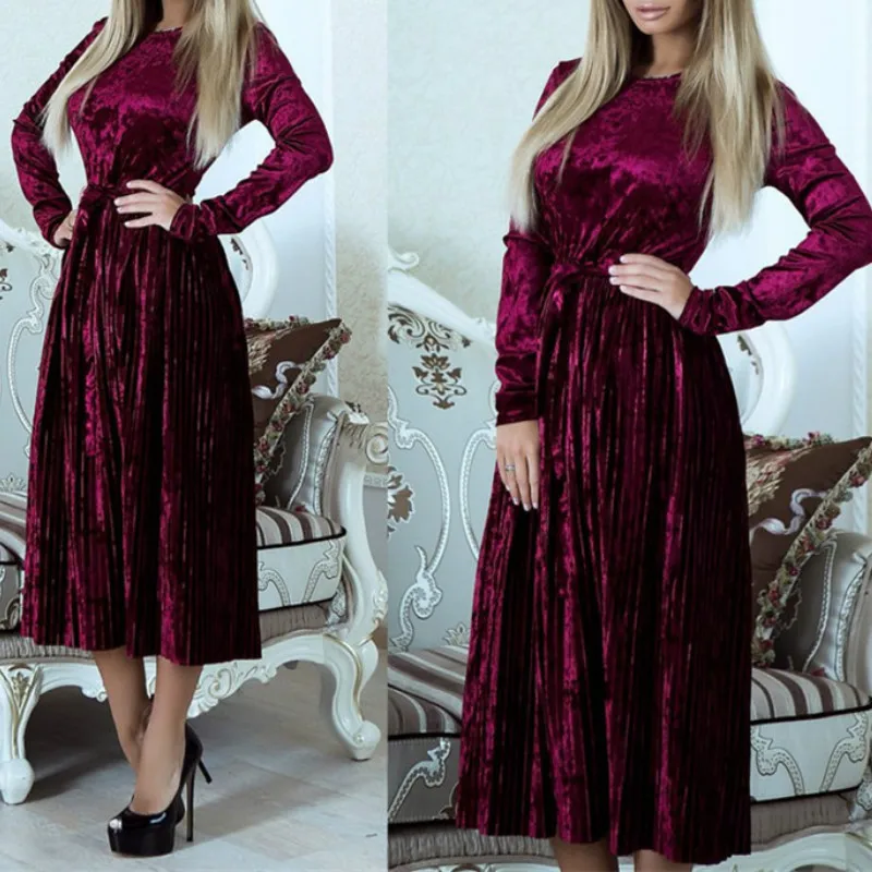 

Zoulv 2021 Elegant Women Party Dress Long Sleeve Winter Autumn Velour Dress Solid Robe Mujer Fashion Pleated Velvet Dresses