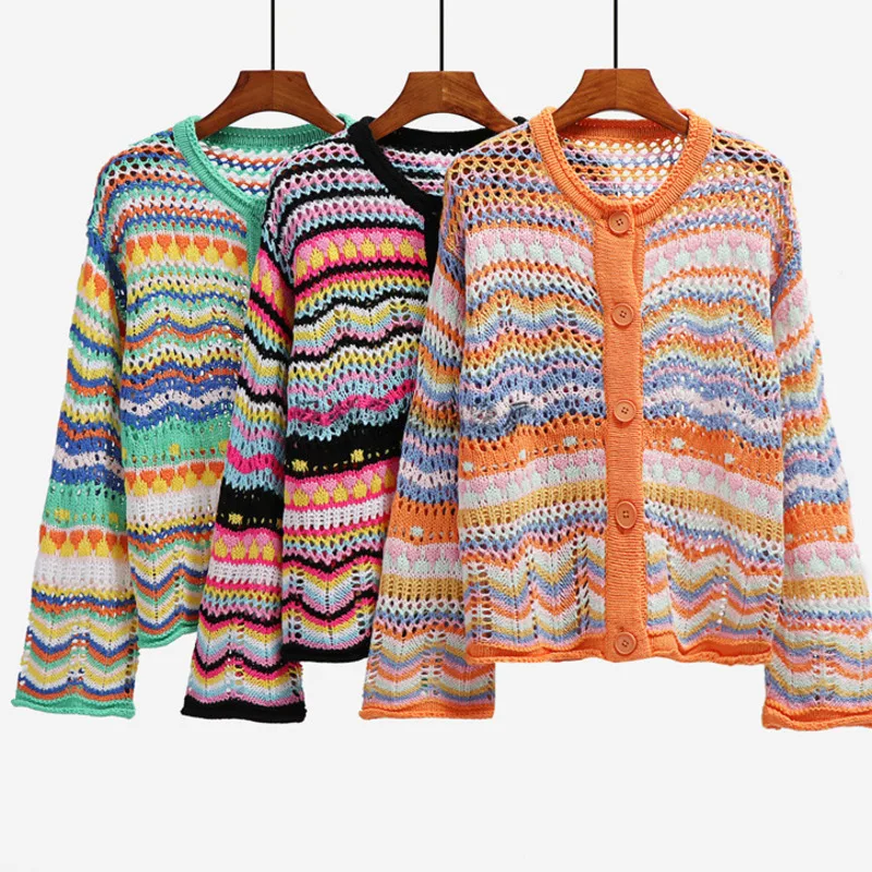

2021 Spring Autumn New Striped Sweater Women Loose Large Yards Rainbow Knit Sweater Long Sleeve Button Cardigan Tops Sweater