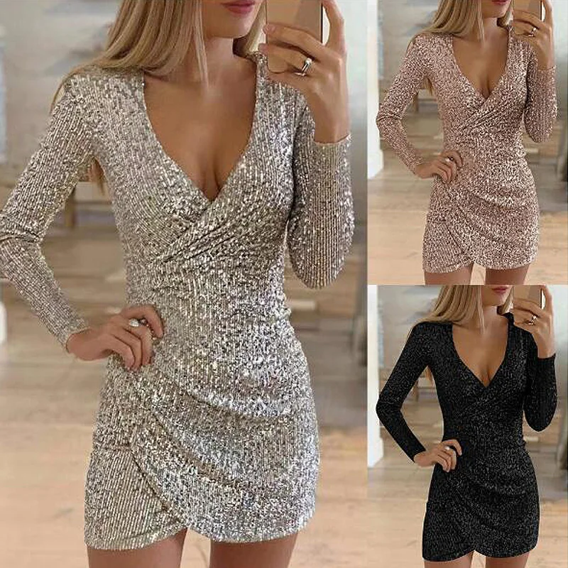 

Sexy Backless Gold Sequin Women Dress Long Sleeve Plus Size Casual Dresses Short Party Dress Elegant JS0314