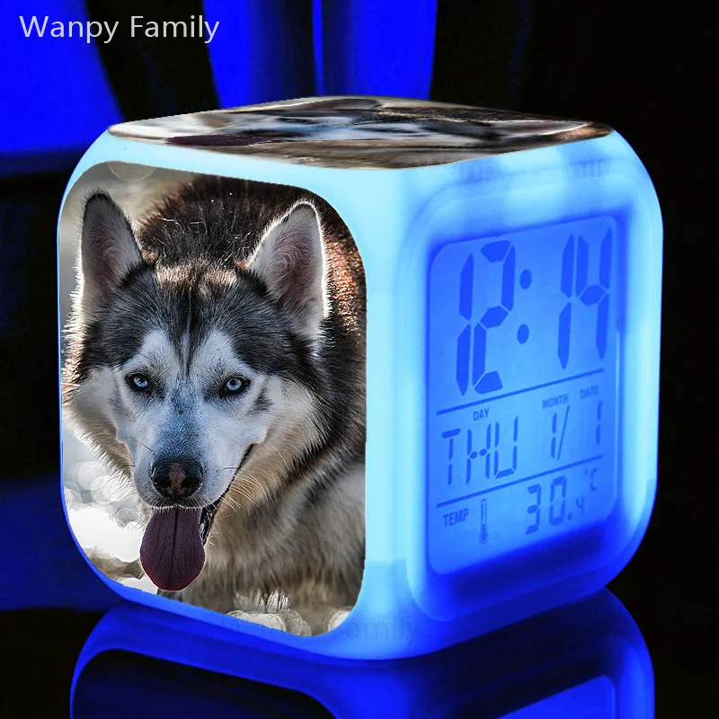 Забавный светодиодный Будильник для лица с изображением собаки, 7 цветов, светящийся цифровой будильник для детей, подарок, многофункциональные часы для вспышки