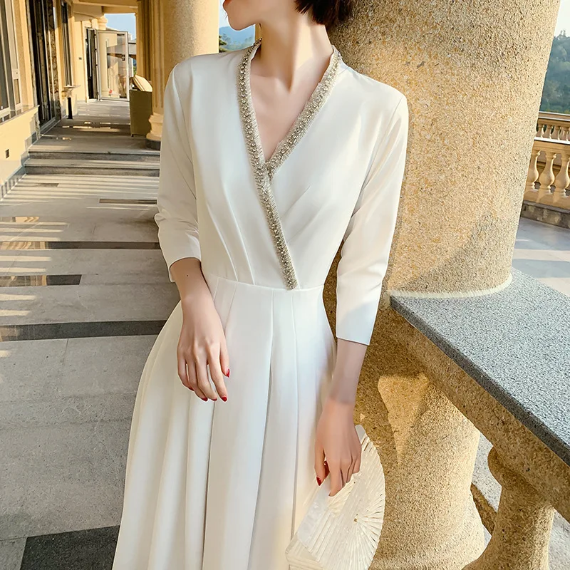 

2020 Ever Pretty Satin Satin A-LIne V-Neck Off The French Luxury Slim Dress Dresses for Women Dress White Dress Women