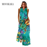 movokaka new spring summer long dress women beach casual holiday butterfly print dresses woman party sleeveless maxi dress green
