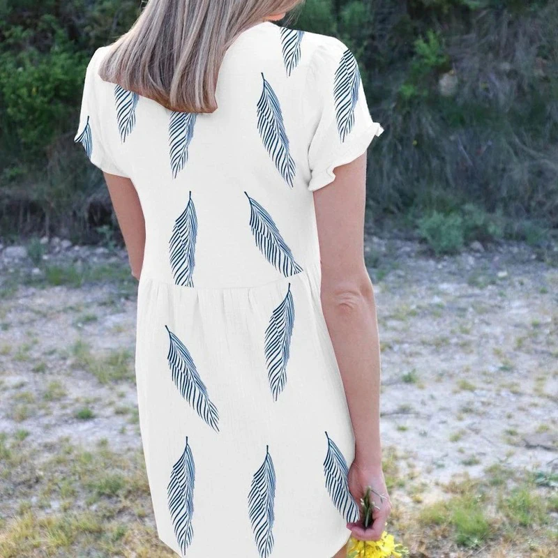 

White Short Women Dress V Neck Short Sleeve Ruffles Knee Length Loose Design Feather Print Casual Female Summer Vestidos 2021