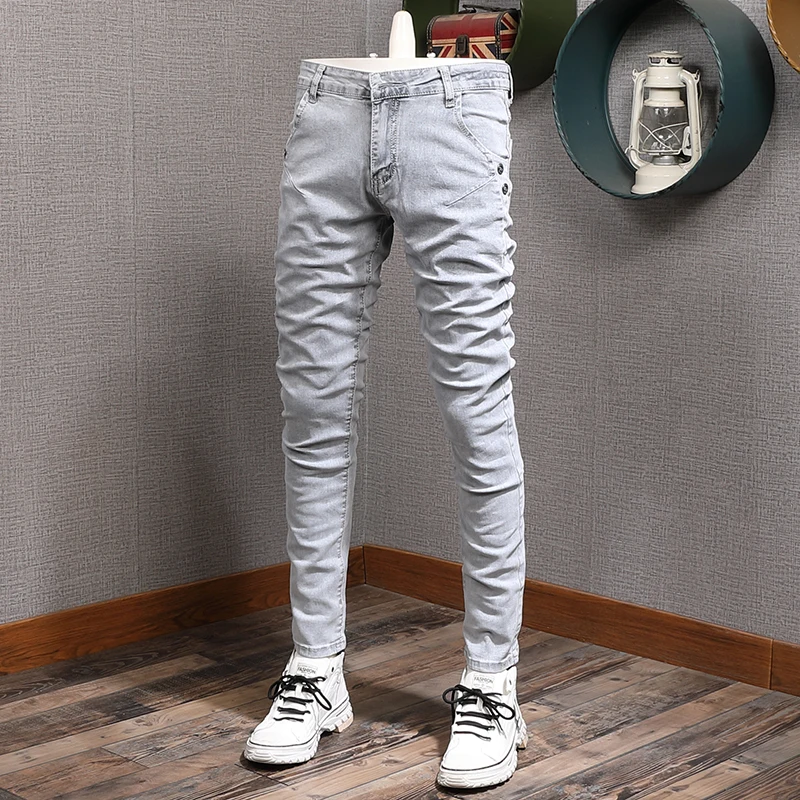 Newly Korean Fashion Men Jeans Elastic Cotton Scratch Slim Ripped Jeans Men Retro Gray Casual Designer Denim Punk Pencil Pants