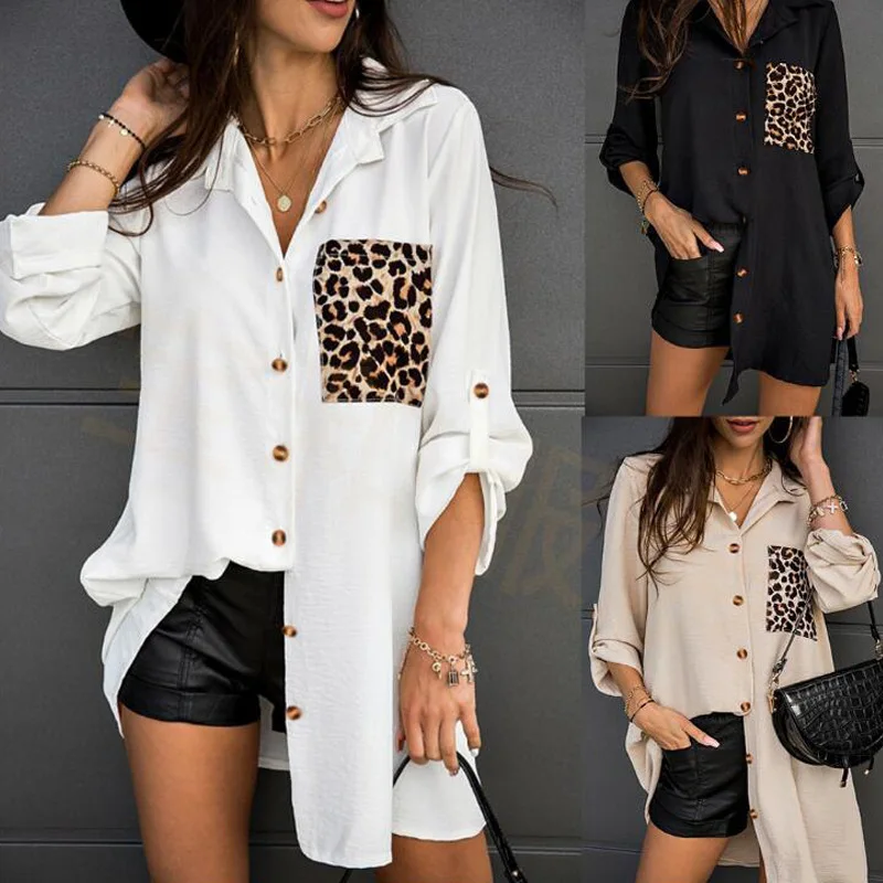 2021 top women loose leopard print pocket stitching rolled sleeve shirt mid-length casual