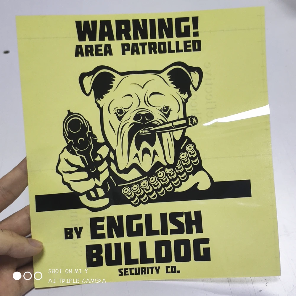 

Three Ratels FD536B Die Cut Warning English Bull Dog With Gun Car Sticker Cartoon Animal Adopt Pet Car Decal 3D