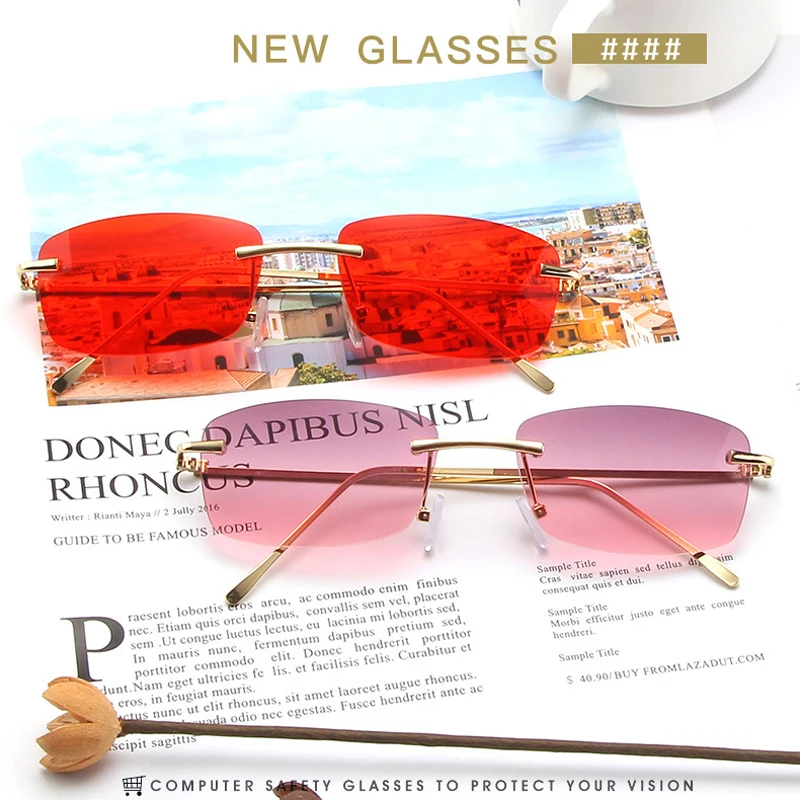 

Elbru Square Rimless Glasses Shade Sunglasses Fashion Trend Metal Frame Comfortable Nose Pads Red Yellow Sun Glasses Unisex