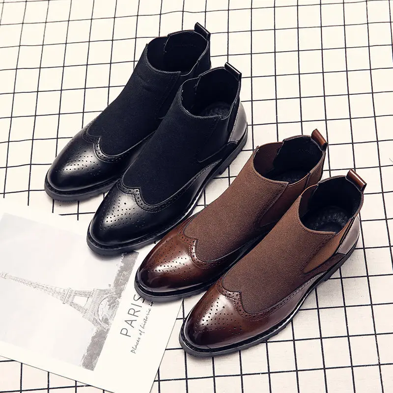 

British Korean version trend men's casual high-help leather shoes Brock carved Martin hairstylist pointed short leather boots