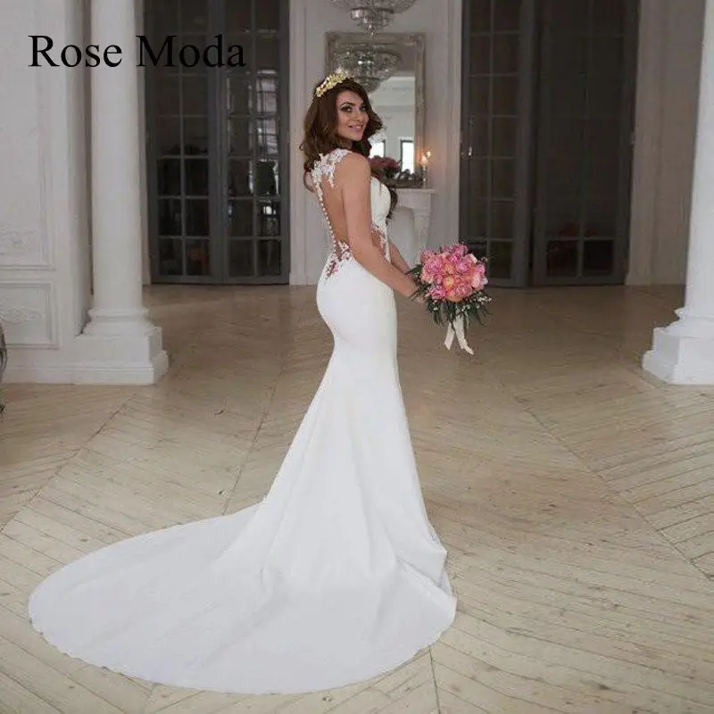 

Rose Moda Illusion Lace Back Boho Wedding Dress Lace Mermaid Bridal Gown