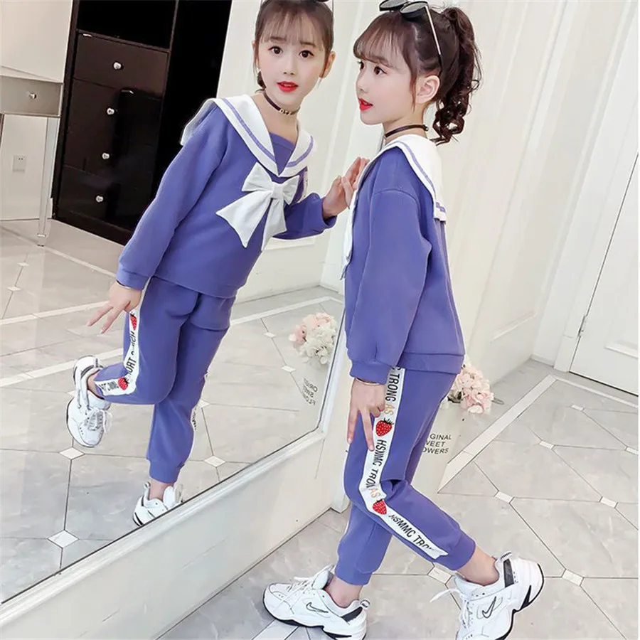 wholesle 2021 spring and autumn big girl clothing sets children clothes kids top with bow+striped pant 2pcs | Мать и ребенок