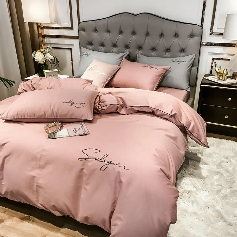 

Modern Simple Fashion Style Cotton Embroidered Solid Color Four-Piece Bed Sheet Quilt Cover Bedding Set