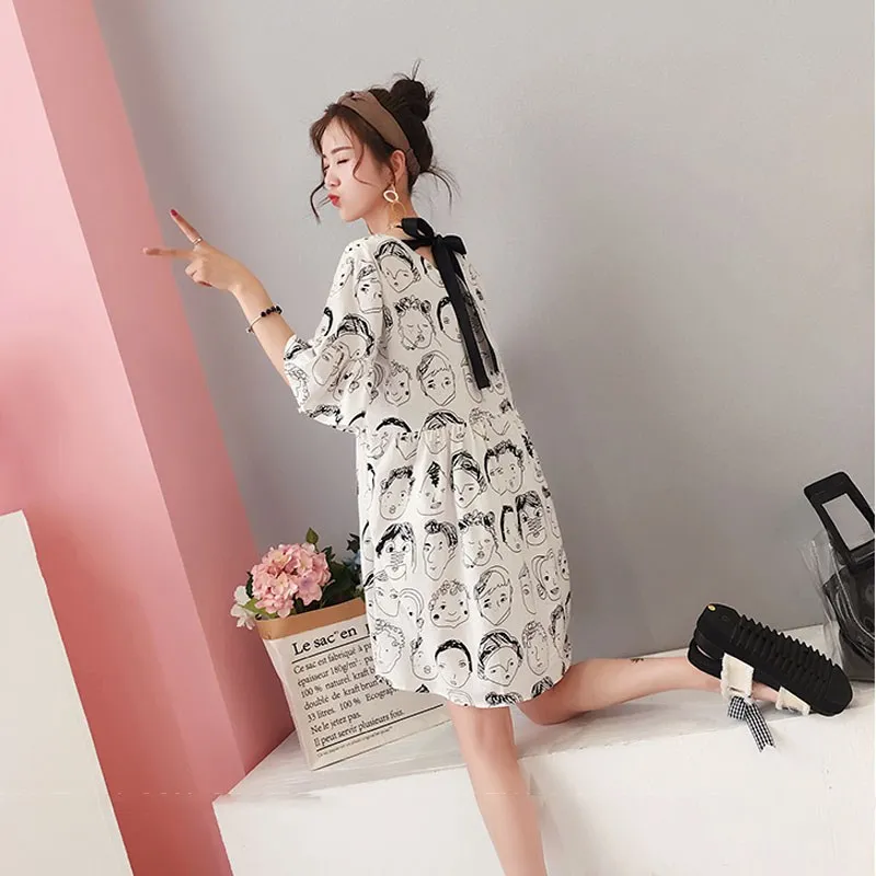 2019 летнее женское повседневное мини платье с О образным вырезом и шнуровкой Kawaii