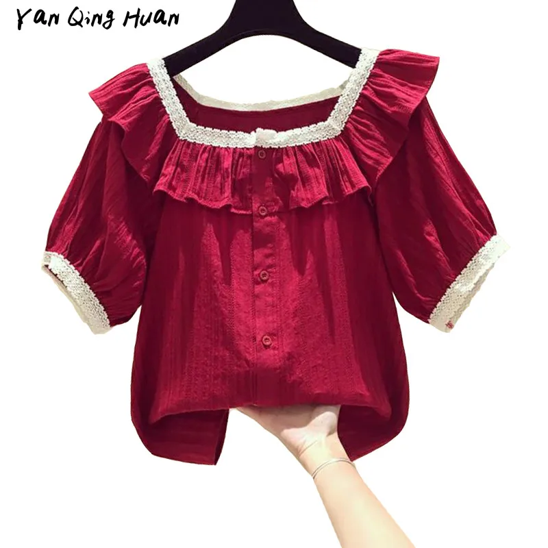 

Fashion Red Square Collar Ruffled Tops Shirt Women's Summer Loose Lace French Retro Sweet Foreign Style Small Shirt