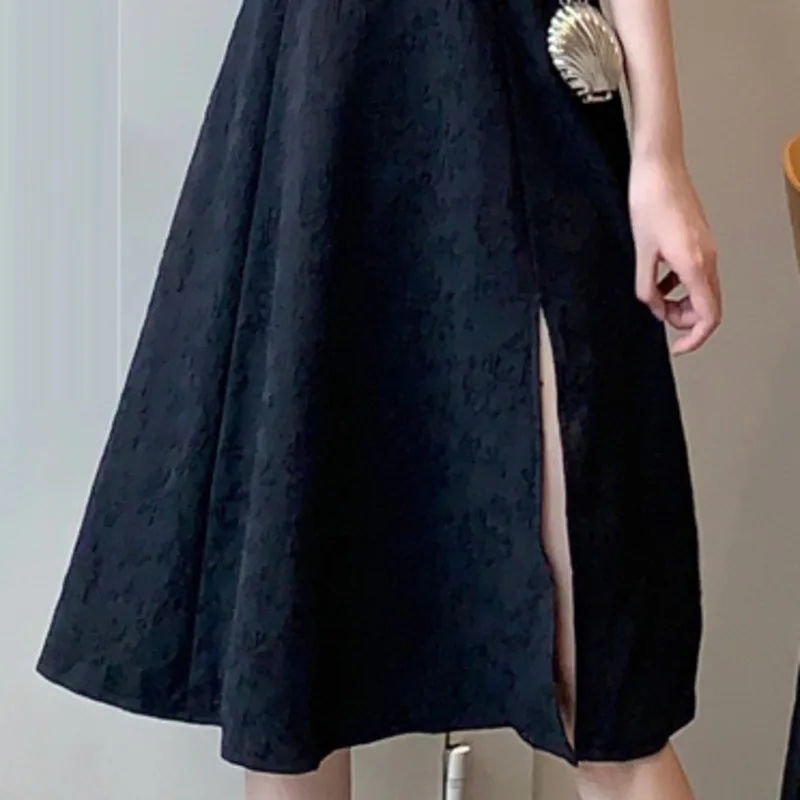

Black Dress Women's 2021 Summer New Square Collar Midi Dresses Woman Casual Office Ladies Side Split Vestido De Mujer Femme Robe
