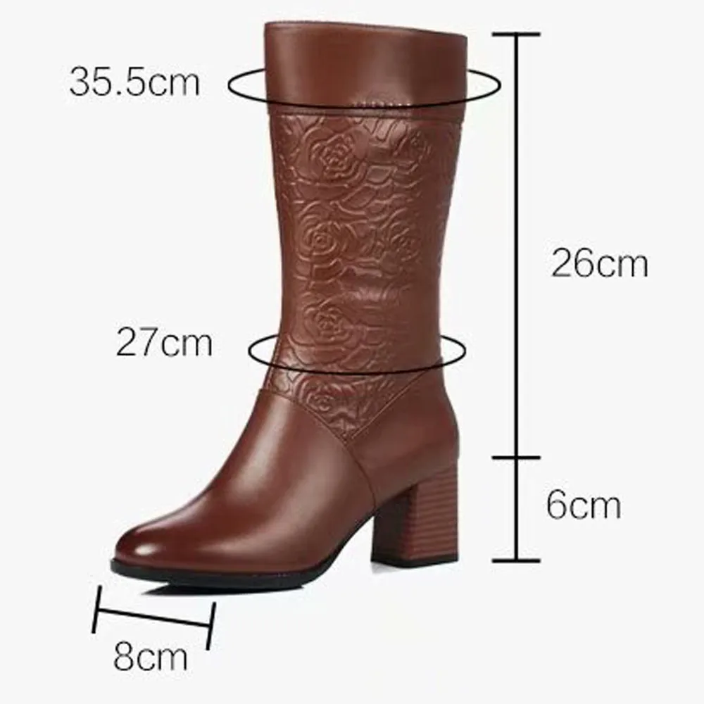 

Vintage Carved Knight Boots Women Nice Autumn Winter High Heel Warm Leather Booties Zipper Round Toe Shoes Woman Botas Mujer