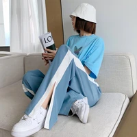 the new korean style contrast color bar side slit thin straight leg pants women loose high waist wide leg casual trousers women
