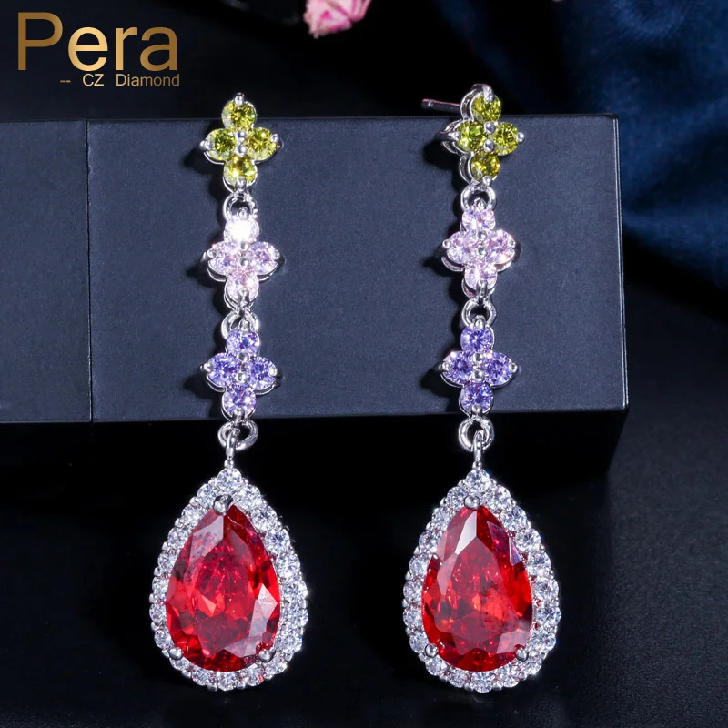 Pera Vintage Indian Women Green And Red Long Cubic Zirconia Waterdrop Big Earings For Fashion Wedding Prom Party Jewelry E158 | Украшения и