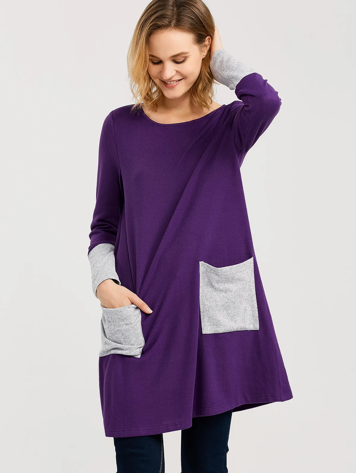 Женская однотонная длинная футболка с карманами свободная облегающая круглым