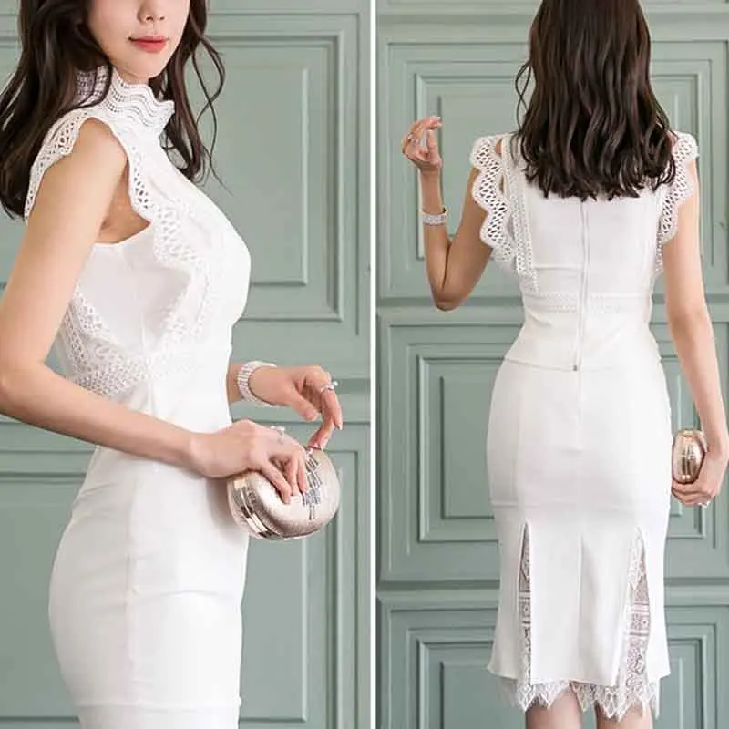 

Women Summer 2 Pieces Suits 2020 New Lace Patchwork Shirts Top And Mermaid Bodycon Skirts Sleeveless OL Work Wear Business Set