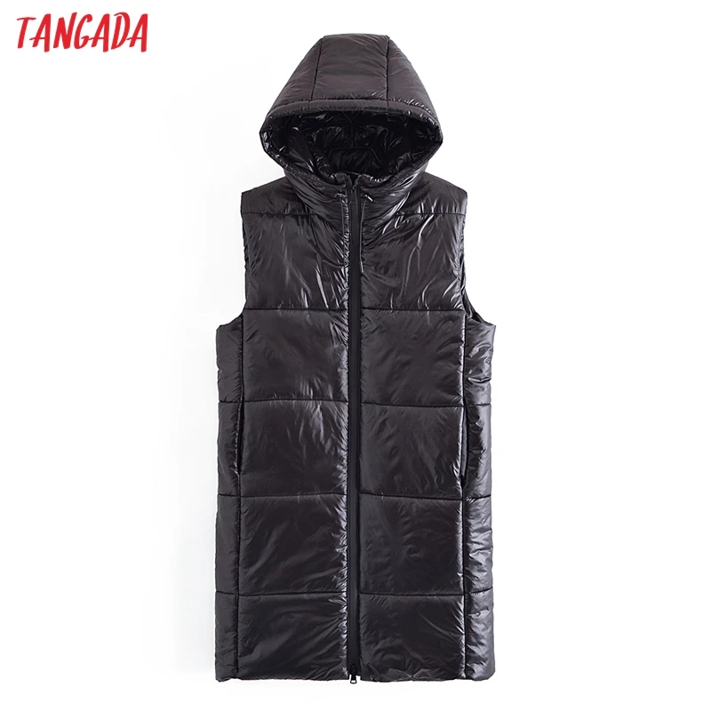 

Tangada женский черный толстый длинный жилет из искусственной кожи без рукавов парки на молнии 2021 карманы Женский Теплый капюшон пальто 3W31