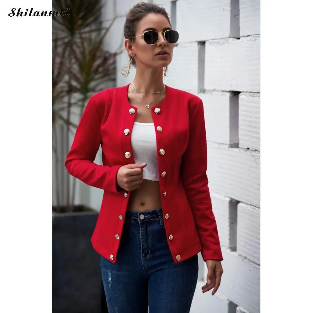 

2019 женский модный костюм, пальто, осень, однотонный, красный, черный, с круглым вырезом, на пуговицах, Женская куртка, винтажная, зимняя, офисн...
