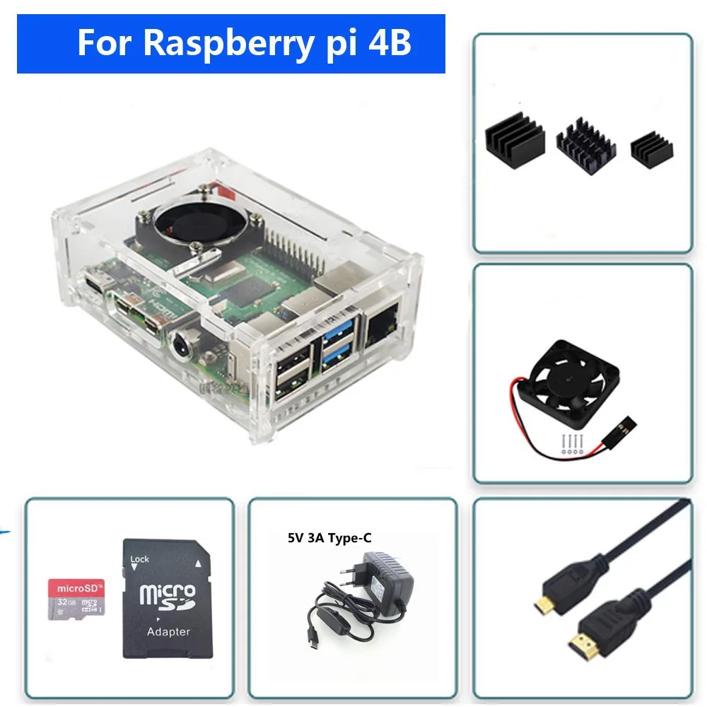 Чехол для Raspberry PI 4 Model B акриловый чехол с охлаждающим вентилятором SD карта 32 Гб