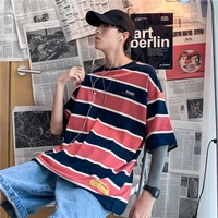 2021 spring summer hot sale oversized striped mens t shirt teen loose korean style patchwork clothes new funny casual base top
