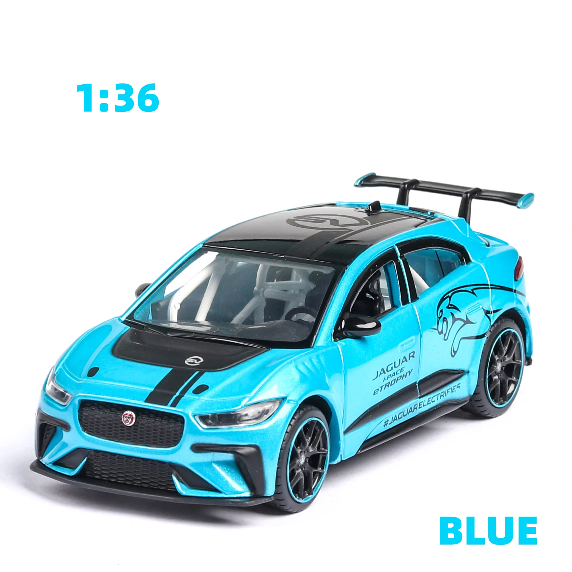 Blue no box Новинка, 1:36, JAGUAR, I-PACE, литые под давлением, игрушечный автомобиль, оттягивающийся назад, Спортивная модель автомобиля, Супер гоночный подъемный хвост для детей, игрушечный автомобиль из сплава - Цвет: Blue no box