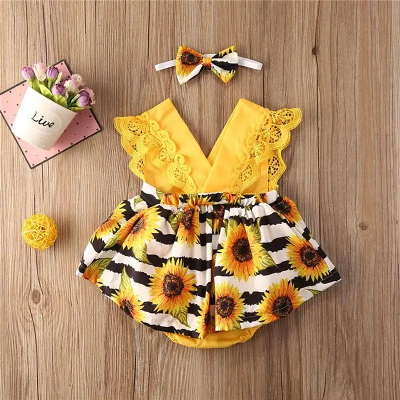 

Infant Baby Girls Romper Sleeveless Romper with Ruffle Decoration lace Print Bottom Button Summer Clothing 0-24Months