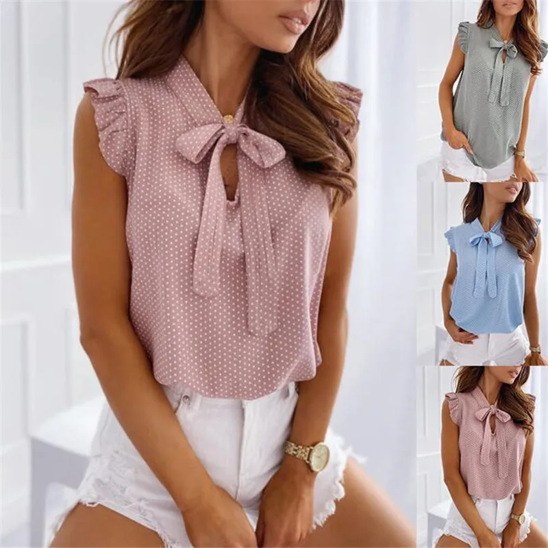 

Vintage Women Elegant Shirts 2021 Summer Fashion Ladies Stylish Loose Shirt Casual Female Dot Printed Sleeveless Tops Girls Chic