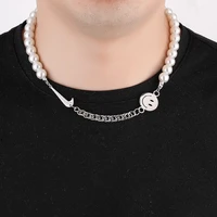 pearl smiley face stitching necklace punk fashion beaded ot buckle collarbone chain mens simple hip hop trend necklace