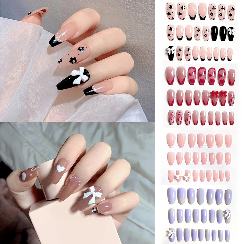 

24 Pcs Long Love Bow Design Ballet Coffin Fake Nails Cute Flowers Artificial Plastic Press On False Nail Tips Manicure Nail Art