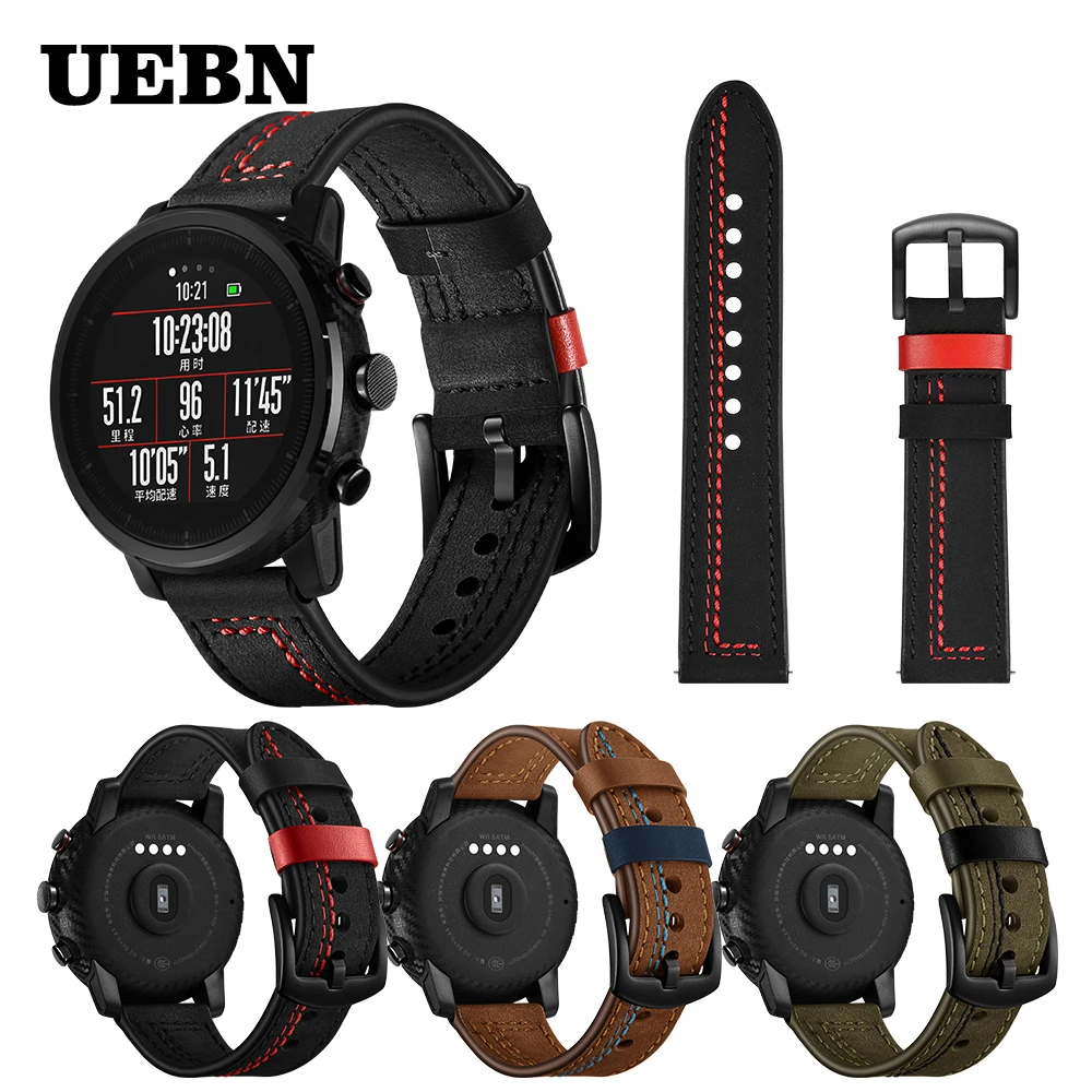 Ремешок UEBN кожаный для наручных часов люксовый браслет Huami Amazfit GTR 47 мм/Pace/Stratos 2/2S