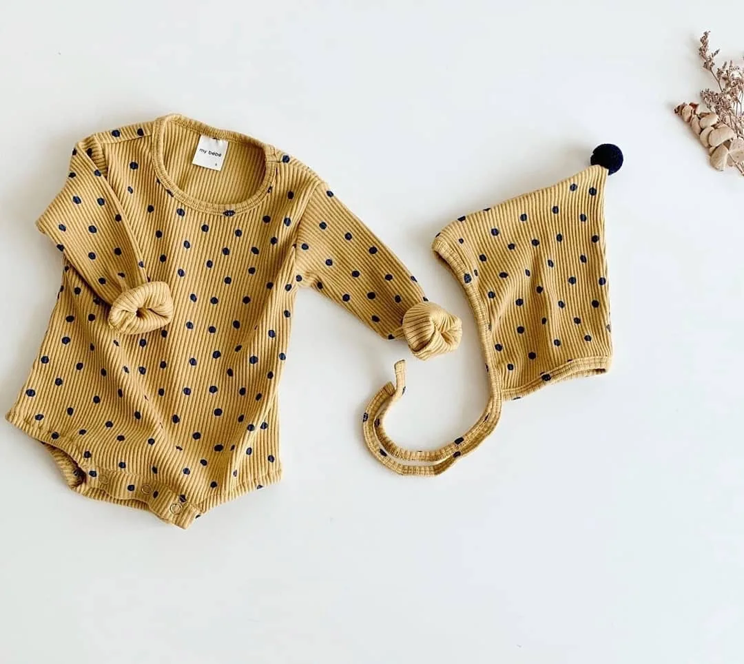 

New Born Fashion Boys Bodysuit Cute Baby Dotted Long Sleeve Jumpsuit With Hat Toddler Girls Spring Autumn Overalls Outfits 0-24M