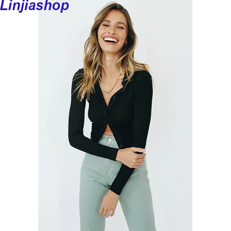 

Блузка женская черная с длинным рукавом, модный винтажный кроп-топ с английским воротником, пикантная уличная одежда, на осень