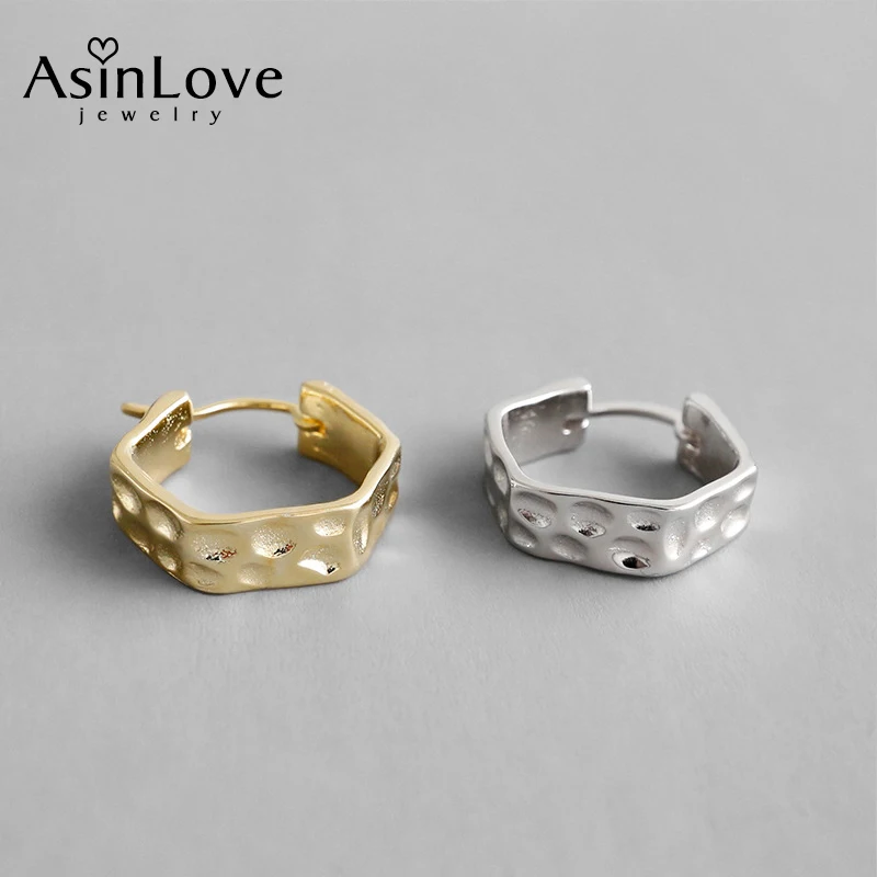 

AsinLove Real 925 Sterling Silver Stud Earrings Simple 18K Gold Irregular Hammer Earrings for Women Handmade Design Fine Jewelry