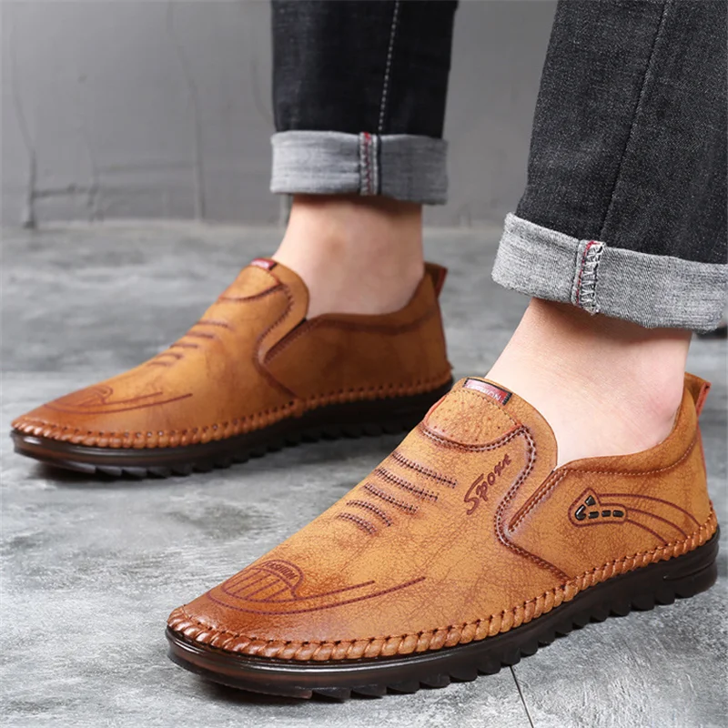 

2021 Spring Autumn Men's Soft Sole Wear-Resisting Shoes Plus Size 38-44 Leather Breathable Anti-Slip Ox Tendon Loafers Footwear